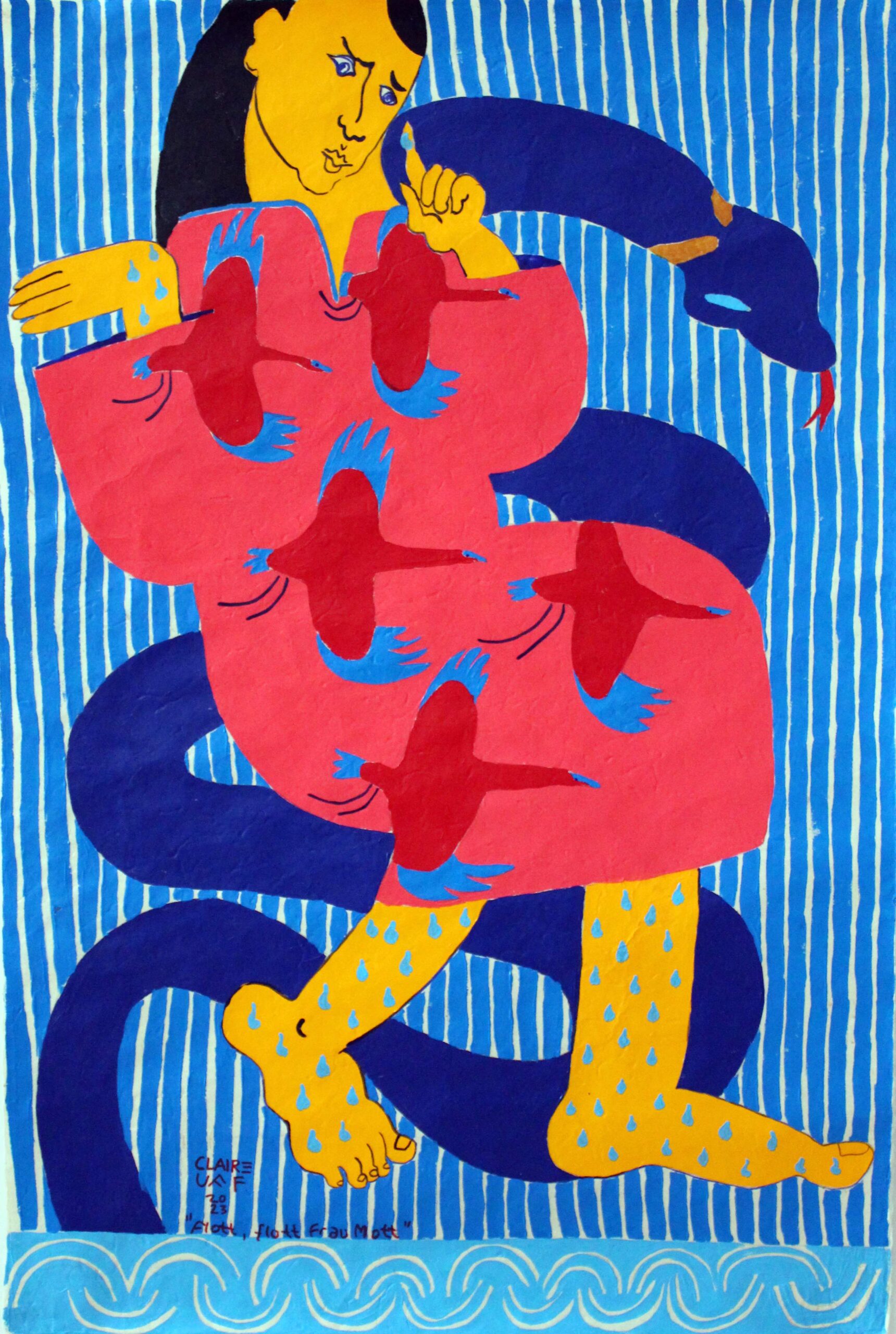 Flott Flott Frau Mott /Loktapapier / Handgeschöpft / Claire Uff / acrylic / Acryl / contemporaryart / contemporary / art / Berliner Künstlerin / painting / contemporarypainting / nass / summer / swim / Schwimmen / See / lake / blue / snake / Pink / Kraniche / Streifen / Wellen / Blau / Portrait