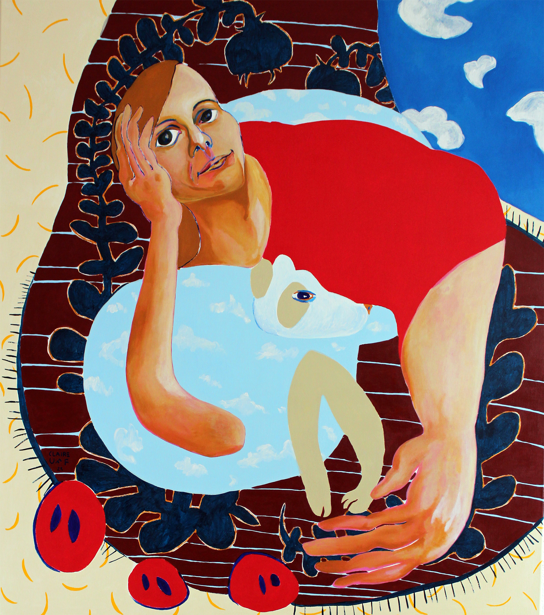 Laura und Nuki / Claire Uff / contemporarypainting / art / berlin artist / painting / Muster / Portrait / contemporaryart /Malerei / Tanz / dance / See / lake / Blau / blue / Freude / Rot / red