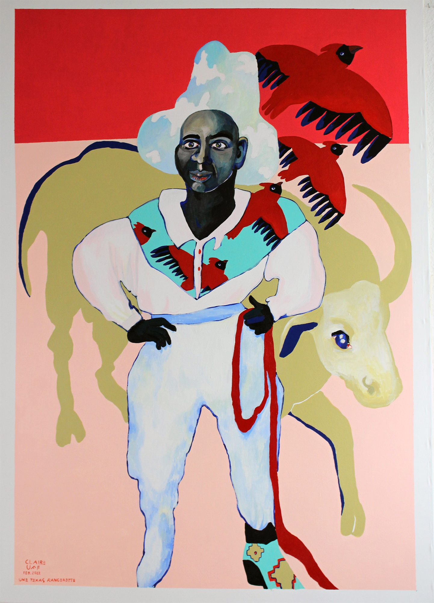 Une Texas Rangerette / Claire Uff / Malerei / Cowboy / Muster / Portrait / Hut / Cowboyhut / bird / Vogel / Texas / cow / Rind / together / BLM / Cowboyhut / black / contemporaryart / contemporarypainting / art / berlin artist / painting / acrylic / Pink / rosa / Rot / Königsblau