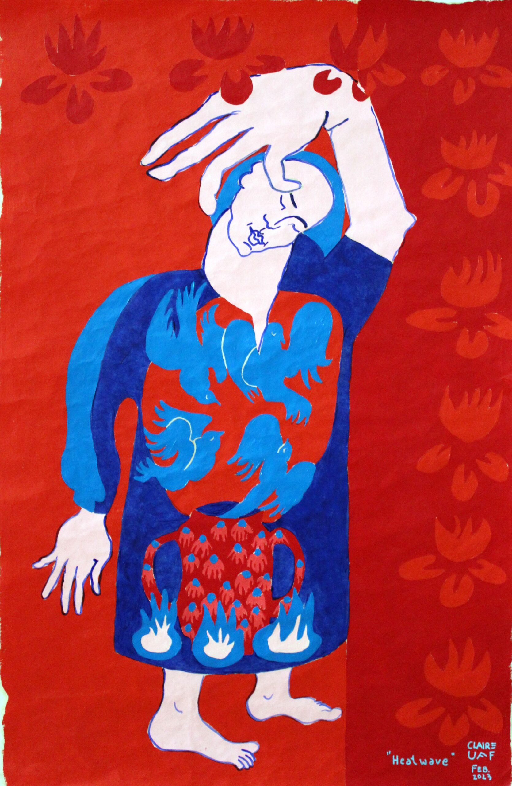 Heatwave / Claire Uff / Lokta paper / Nepal Papier / rot / Tauben / Lady / Portrait / contemporaryart / Seerosen /blau / red / art / painting