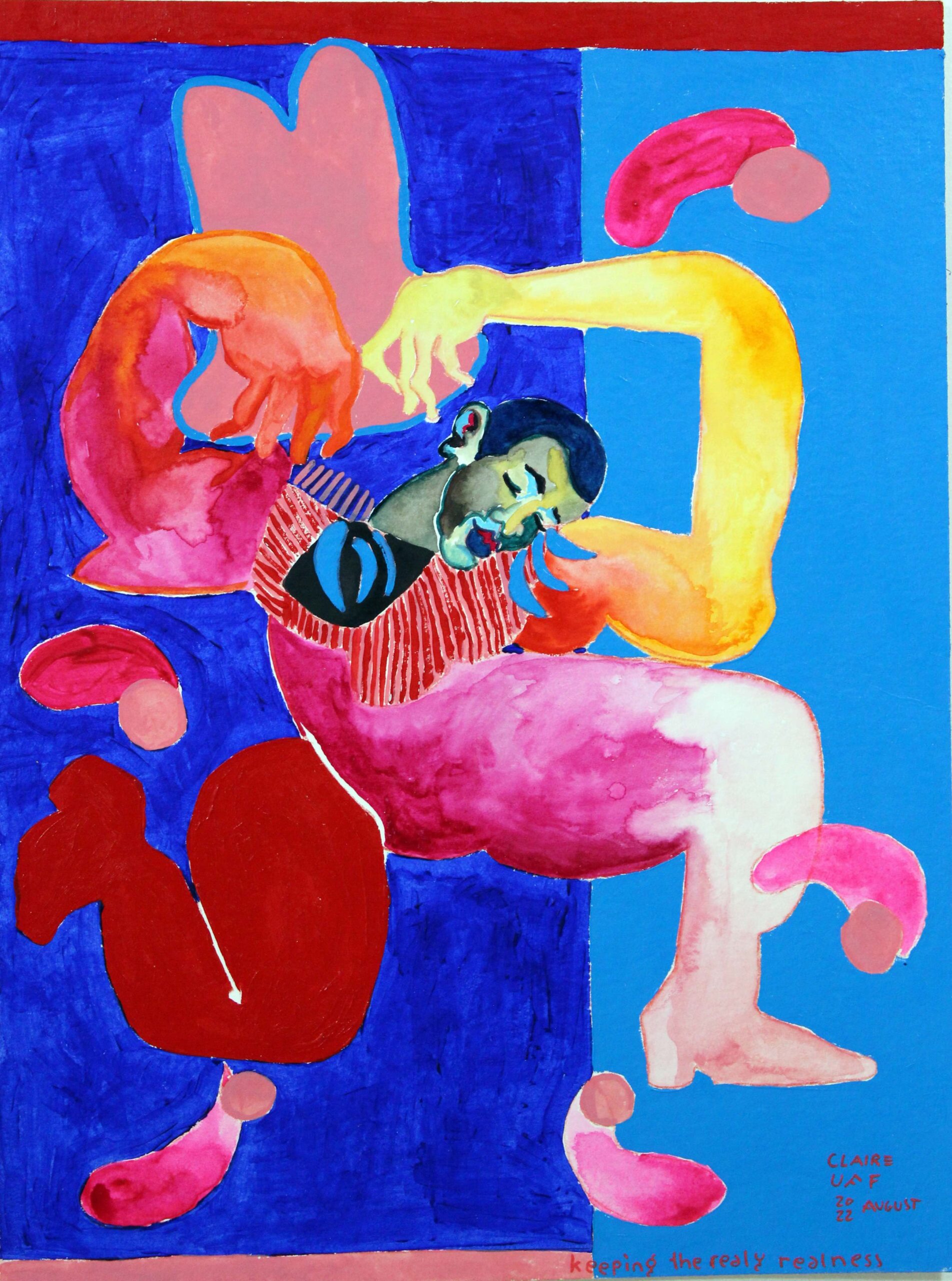 keeping the real realness #2 / Cowboys/Aquarell/ Claire Uff/Ultramarine Blau/Zinober Rot/ Malerei/ contemporaryartist / Berlin/ Berliner Künstlerin/ Afro-Cowboy / Hahnemühle Papier/ mixed media / Karmin Rot / Pink / cowboy head / dance / Tanz