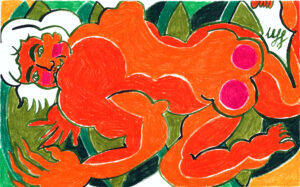 Pampelmusen Busen / nude / Claire Uff / drawing / green / orange / pink / Akt / Märkische Schweiz / swim / Badeszene / contemporaryart / art / Malerei / Berlin artist / ultracontemporaryart / sketsh / Zeichnung/ Skizze