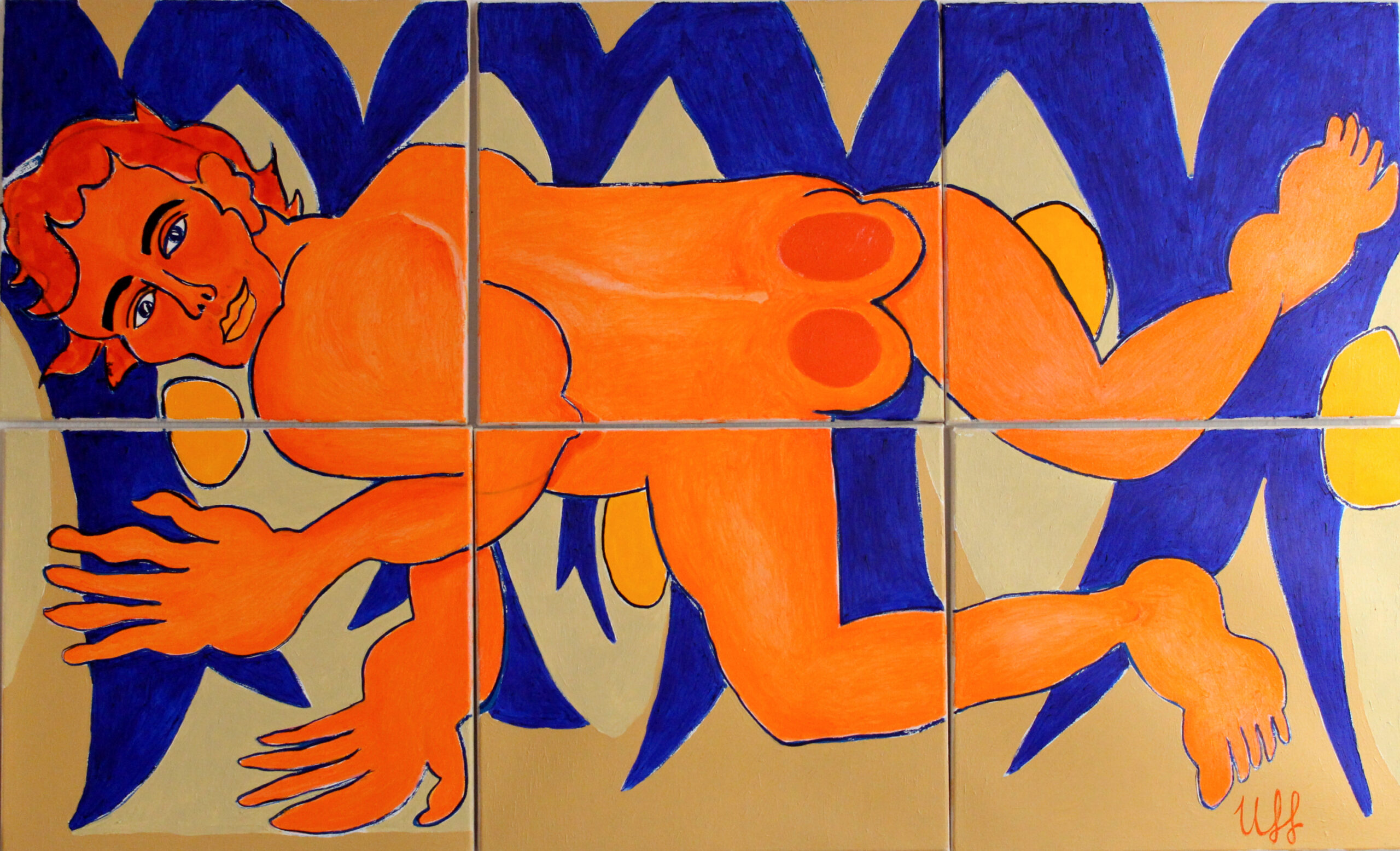 es geht nicht immer um die Wurst / canvas / Malerei / Claire Uff / acrylic / blau / orange / ink / Tusche / nude / Miesmuscheln / Akt / contemporaryart / Kunst / art / See / Märkische Schweiz / Badeszene / nice boy