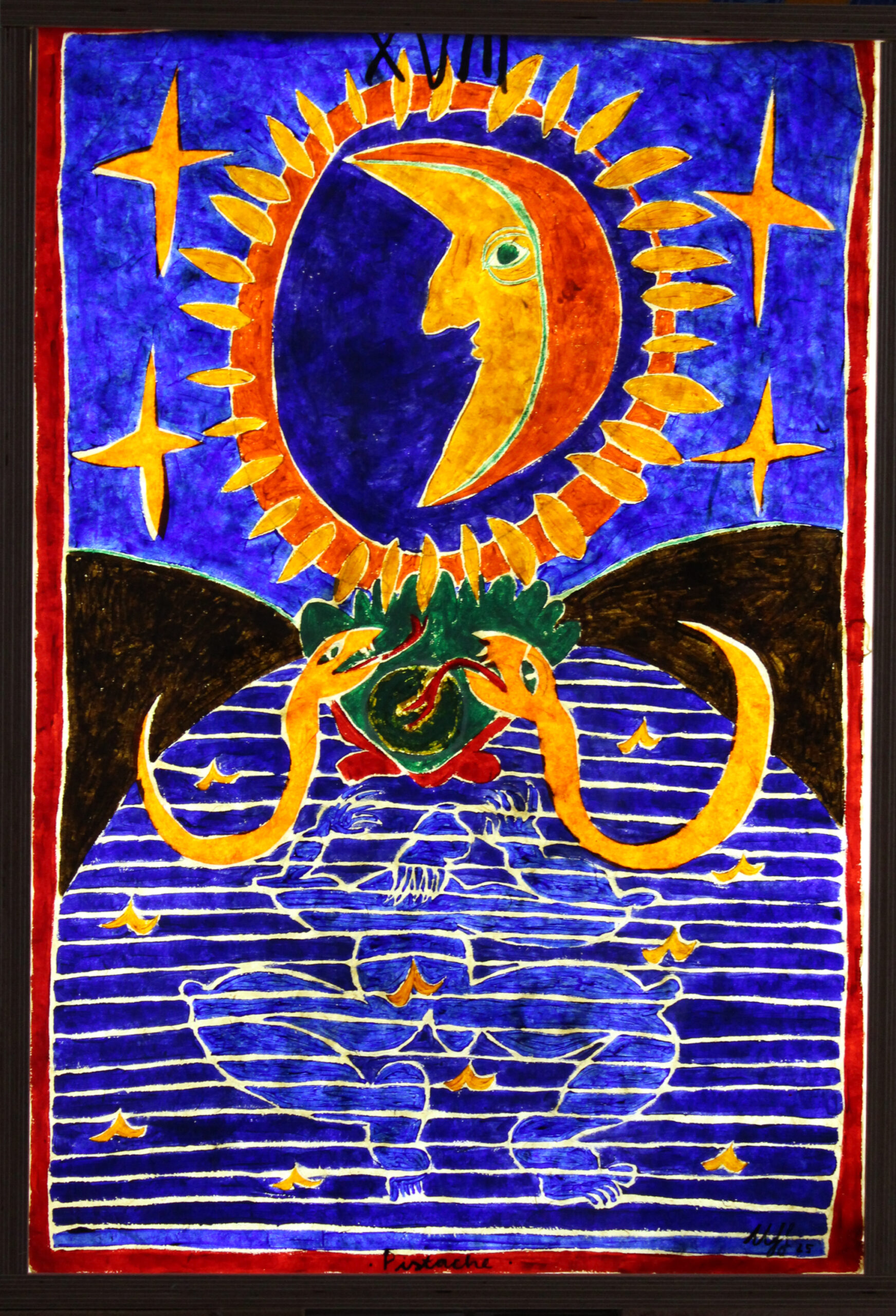 Malerei/ Pistache / Tarot / Lokta Papier/ Kuhiro Paper / blau / Leuchtkasten/ Claire Uff / Schlangen / Sport / Mond / Sterne / Muschel / Kunst / Art / contemporaryart / Berlin art / acrylic / ink / Tusche / Kwartier Nord / exhibition / Wasser / Schwimmen / swim / lake