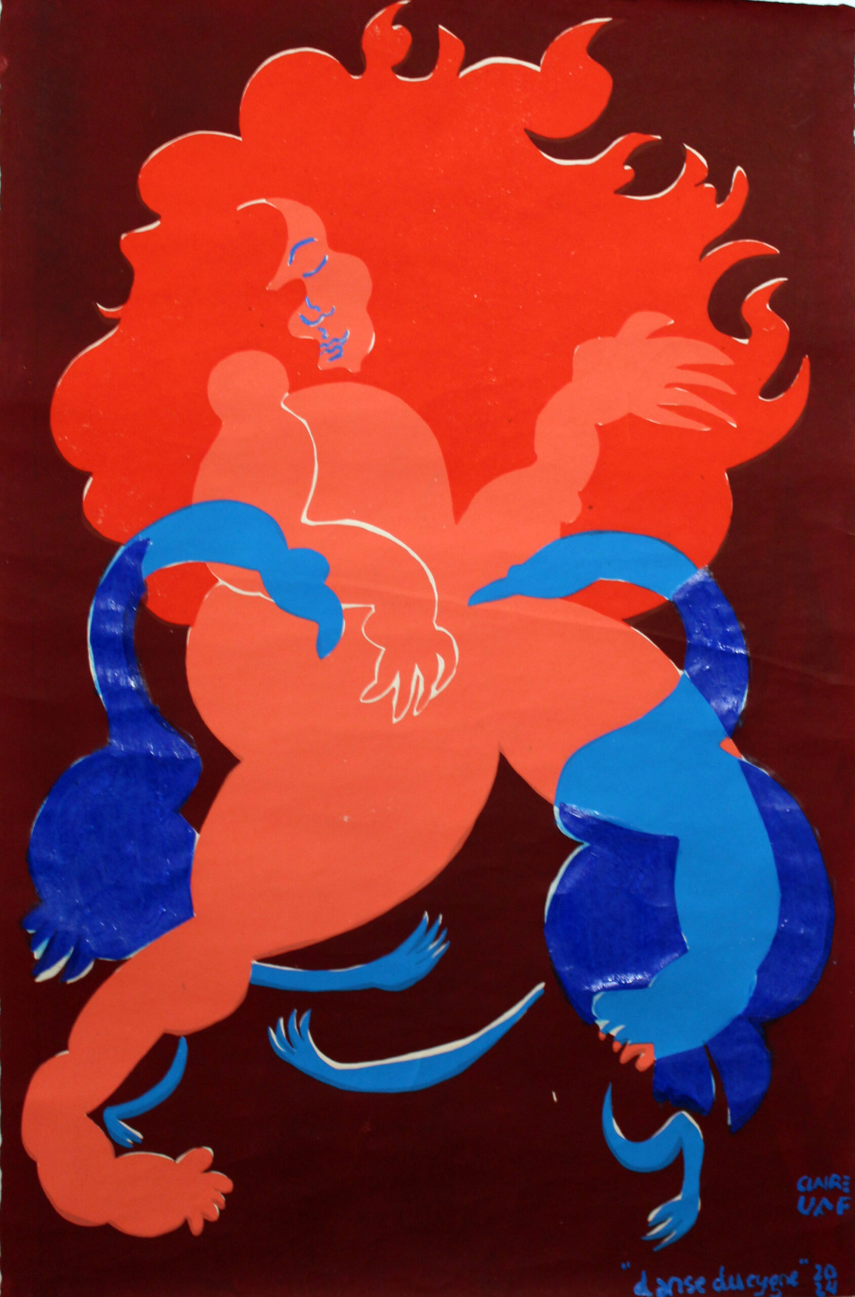 Janka - danse du cygne / Claire Uff / Loktapapier / Lokta paper / Nepal Papier / Swäne / Lady / Portrait / contemporaryart / dans / Tanz/ rot / red /blau / blue / art / painting / Leuchtkasten / 2024 /yellow / sun / happy / wild