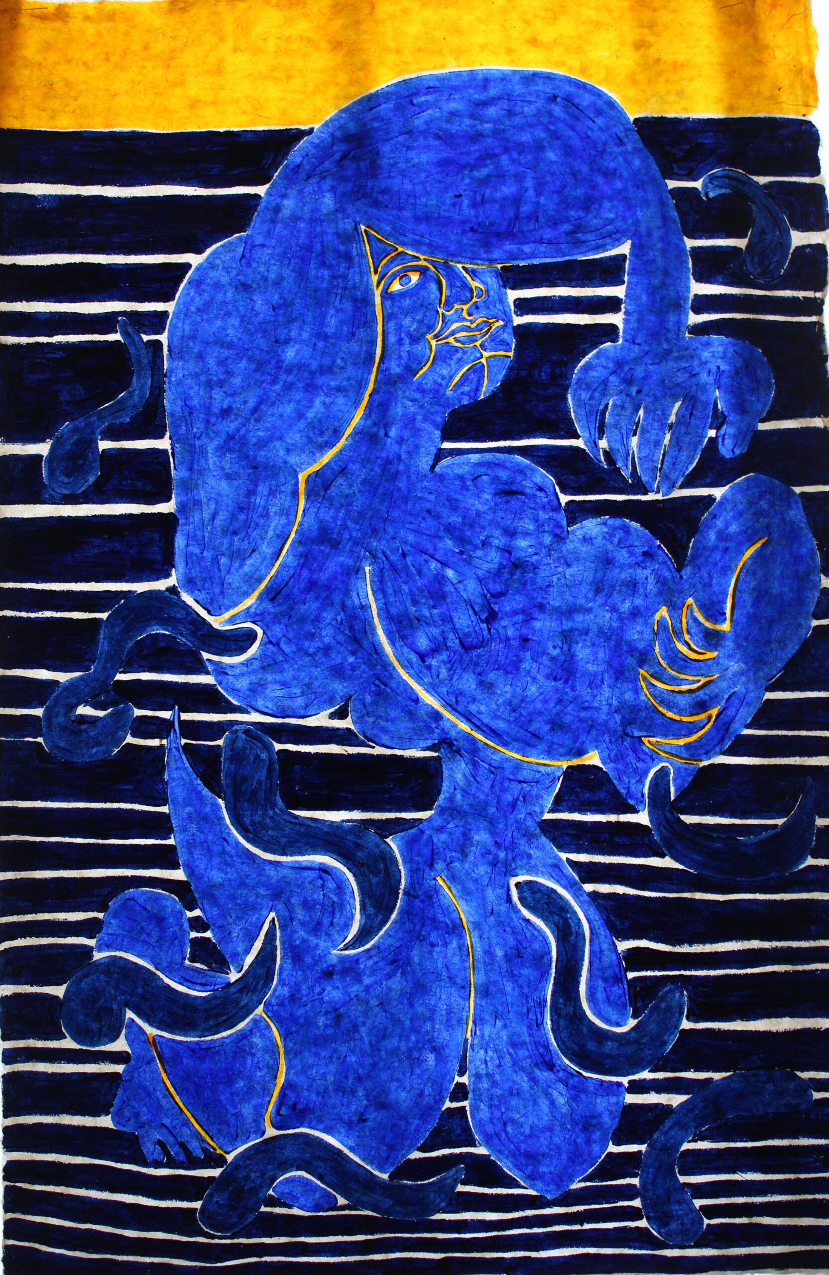 Claire Uff /Mein See der Ozean- Loktapapier / Lokta paper / Nepal Papier / waves / Lady / Portrait / contemporaryart / Wellen /blau / blue / art / painting / Leuchtkasten / 2023 /yellow / sun / happy