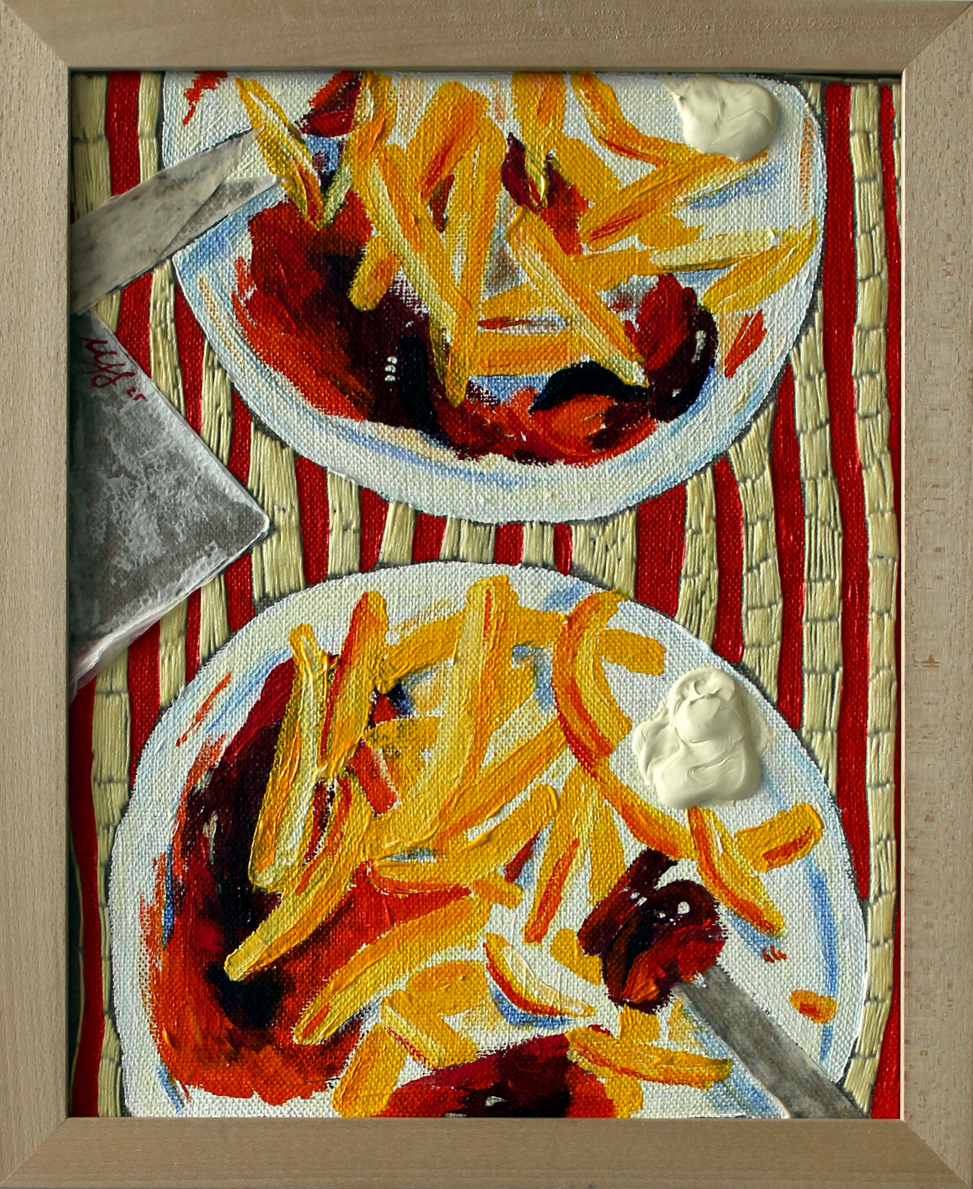 Geil Fritten 2025 Claire Uff / Geil Fritten / 2025 / Stickerei / embroidery / cut outs / Kollage / Pommes / Fritten / Mayo / gelb / yellow / ultracontemporaryart / beach food / Berlin artist / red / gerahmt