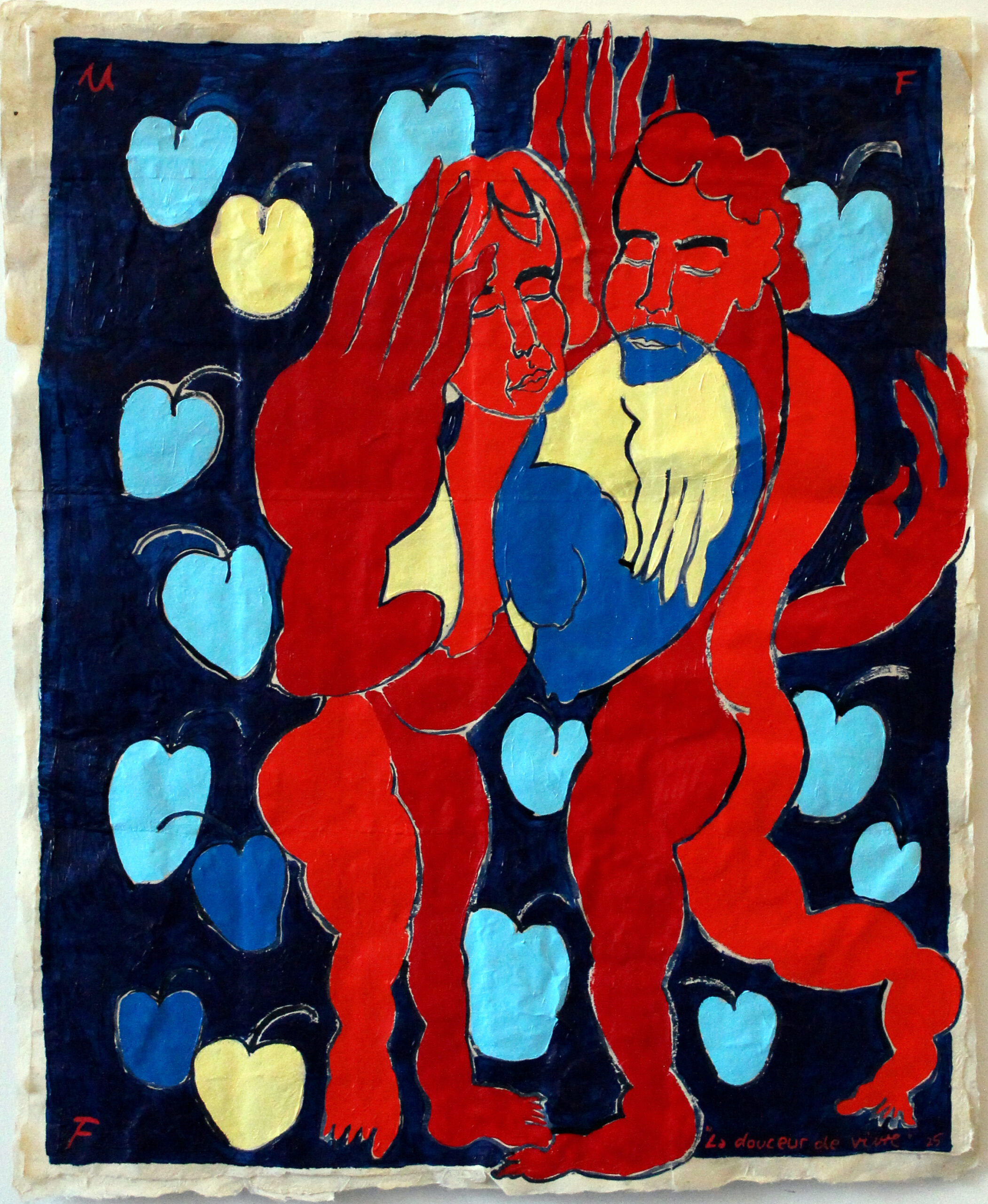 Le douceur de vivre Claire Uff / Le douceur de vivre / 2025 / Lokta paper / apple / red / nude / akt / zwei Frauen / ultracontemporaryart / dance / Tanz / blau / blue / Berlin artist / yellow /paperwork