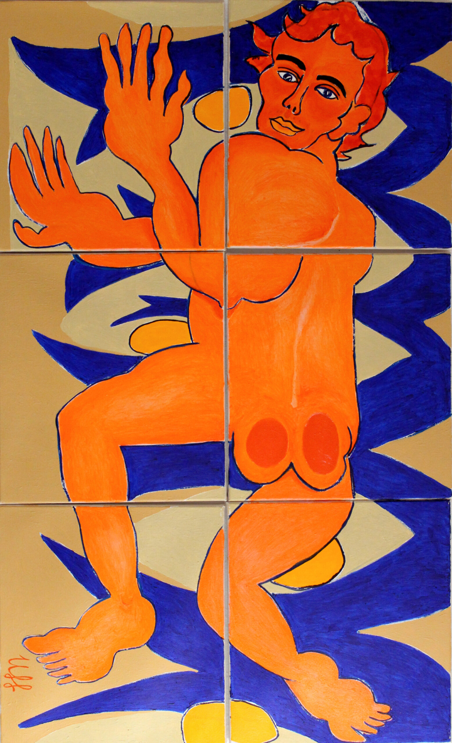 es geht nicht immer um die Wurst / canvas / Malerei / Claire Uff / acrylic / blau / orange / ink / Tusche / nude / Miesmuscheln / Akt / contemporaryart / Kunst / art / See / Märkische Schweiz / Badeszene / nice boy