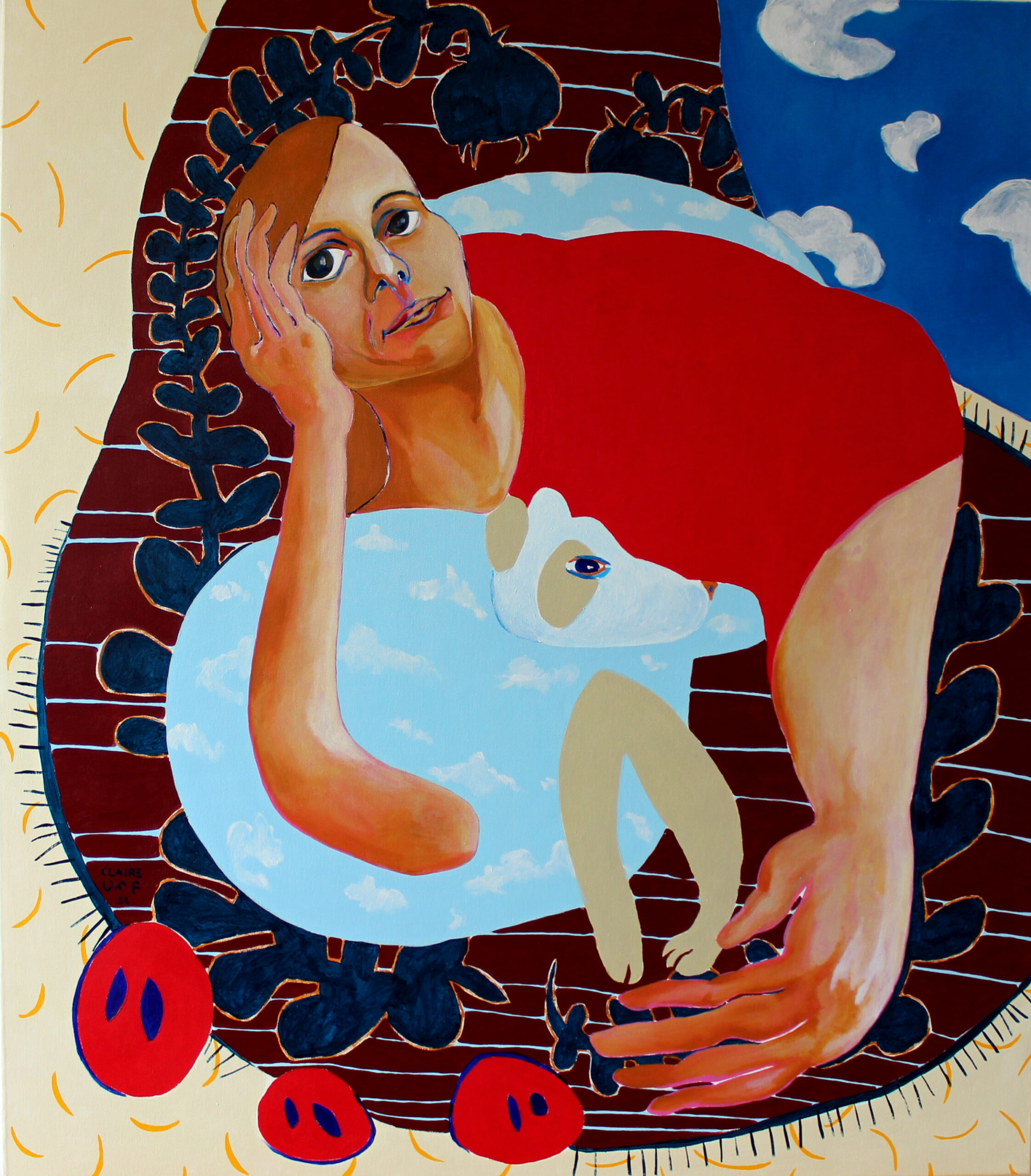 Laura und Nucki / Claire Uff / contemporarypainting / art / berlin artist / painting / Muster / Portrait / contemporaryart /Malerei / meditation / nature/ See / lake / Blau / blue / Freude /Rot / Samen / Wald / Hund / Frau / red / yellow/ Blätter / clouds