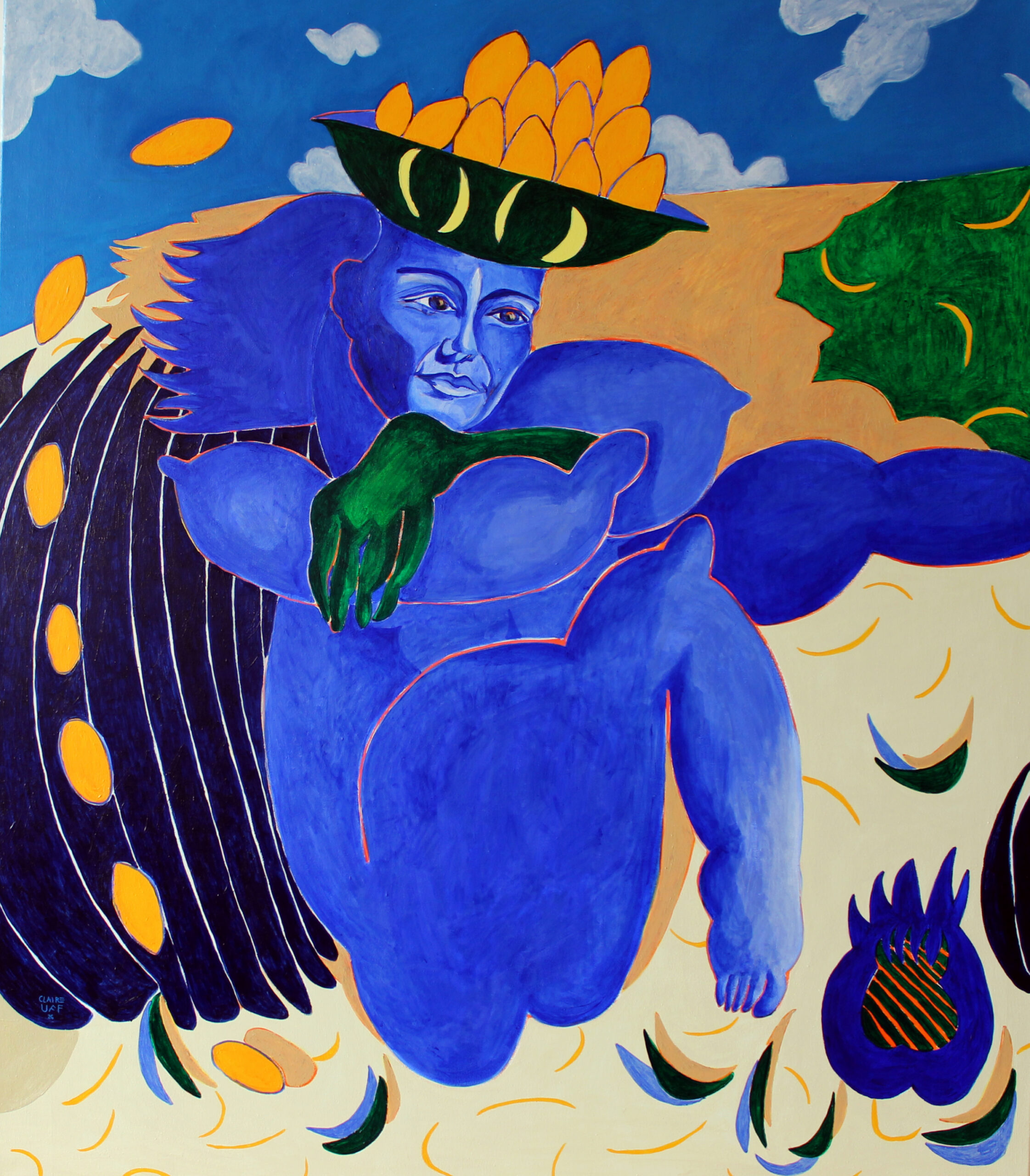 Mirabellen Qi Gong mit Franzi / Claire Uff / contemporarypainting / art / berlin artist / painting / Muster / Portrait / contemporaryart /Malerei / meditation / nature/ See / lake / Blau / blue / Freude /orange / Samen / Wald / Feuer/ Frau / green/ yellow/ Blätter / clouds / Qi Gong / ultra marine blue / fruits / Mirabellen
