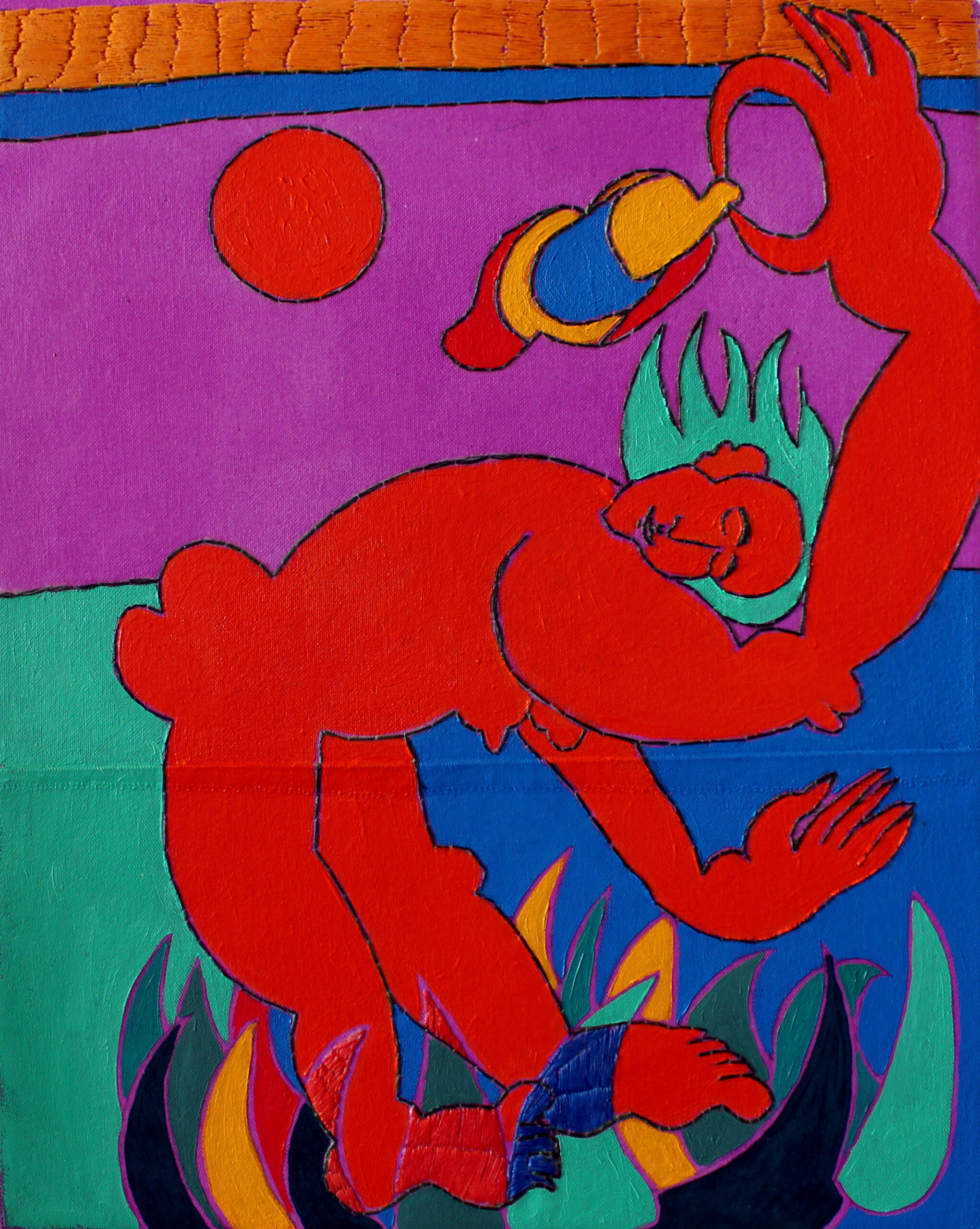 moi Claire Uff / Moi / Selbstportrait / 2025 / Stickerei auf Leinwand / Ölmalerei / Blau / blue / Orange / green / Grün / embroidery on canvas / one lady / eine Frau mit Muschel / nude / Akt / beach / Muscheln / Strand / violett /ultracontemporaryart / Berlin artist / Malerei / painting / figurativ / Sonne / Wellen