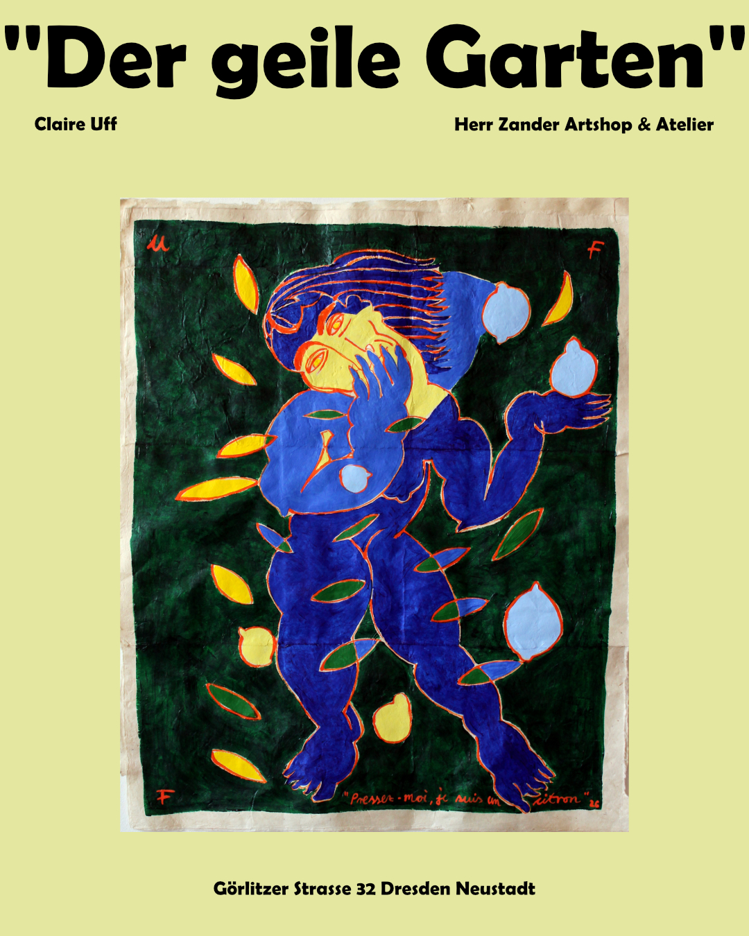 Claire Uff / Le douceur de vivre / 2025 / Lokta paper / apple / red / nude / akt / zwei Frauen / ultracontemporaryart / dance / Tanz / blau / blue / Berlin artist / yellow /paperwork