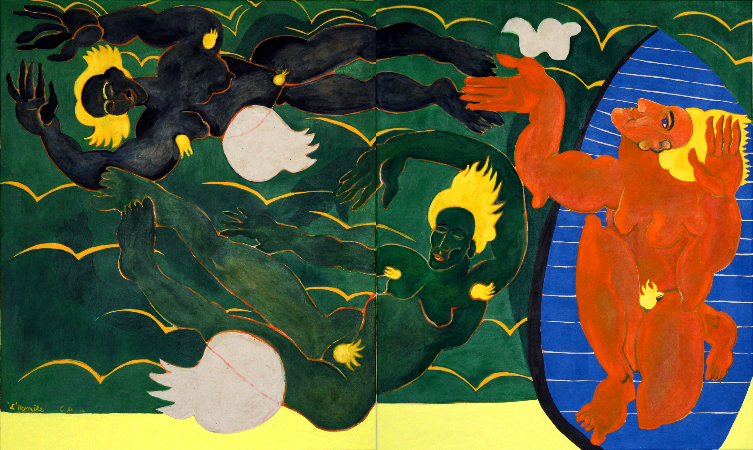 "L'Hermite" by Claire Uff, a figurative painting in green, cyan blue and orange showing one nude figure in a boat and two who swim in. the water.